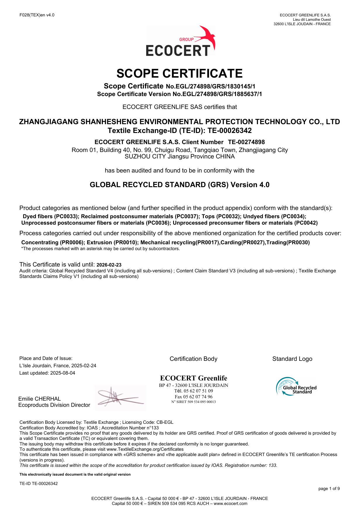 SHS Shanhesheng GRS Scope Certificate